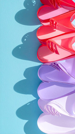 Colorful paper hearts on a blue background with shadow from the sunの素材