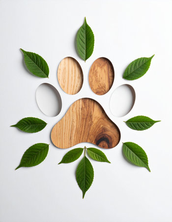 Wooden paw print with green leaves on white background, top viewの素材