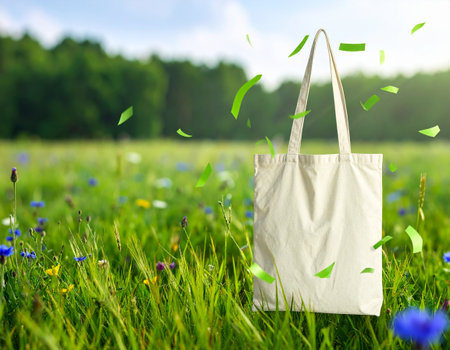White cotton bag on green grass with flying confetti. Eco friendly conceptの素材