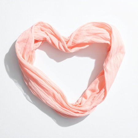 Pink silk scarf in the shape of a heart on a white backgroundの素材