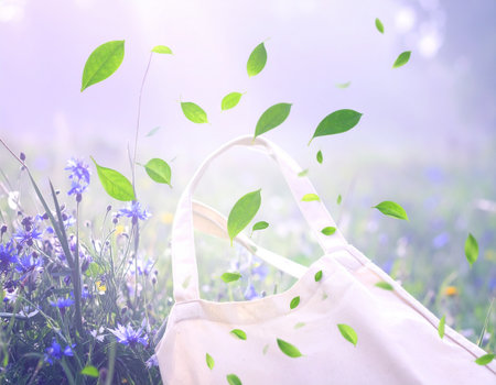 Bag with fresh green leaves and flowers in the meadow. Natural background.の素材
