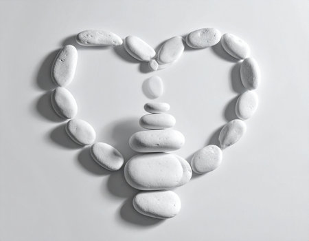 White pebbles in the form of a heart on a white backgroundの素材