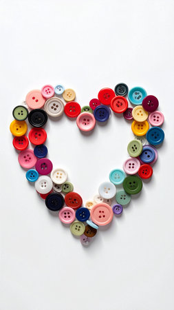 Colorful buttons in the shape of a heart on a white backgroundの素材