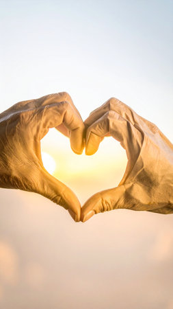Hands in heart shape on sunset sky background. Love concept.の素材