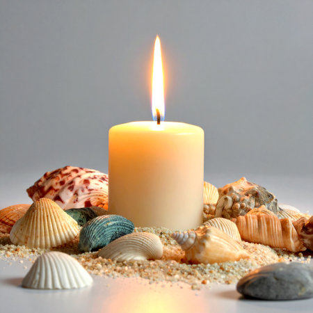 Candle, seashells and stones on white background. Space for textの素材