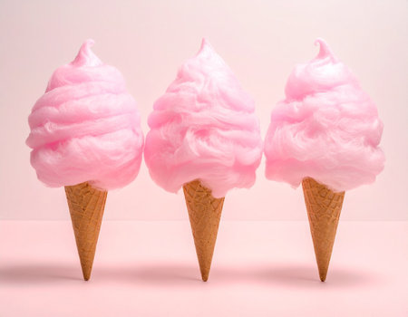 Frozen pink cotton candy in waffle cone on pink background.の素材