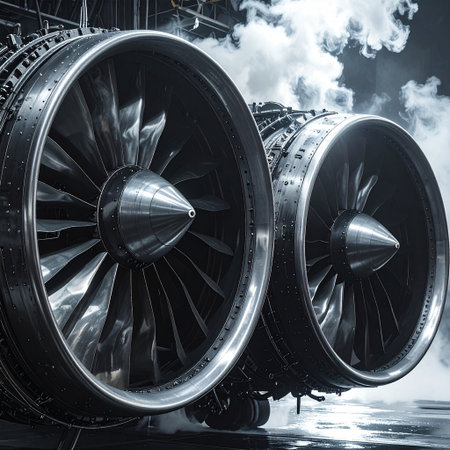Turbine of a jet engine, close-up view.の素材