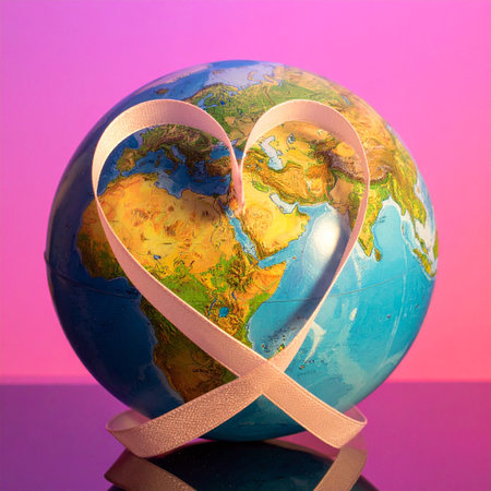 Globe in the form of heart with ribbon on a pink backgroundの素材