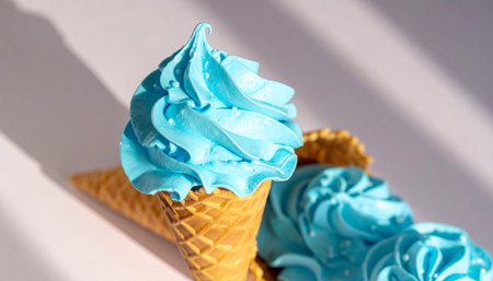 Blue ice cream in a waffle cone on a white background.の素材