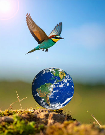 European bee-eater in flight in front of the planet Earthの素材