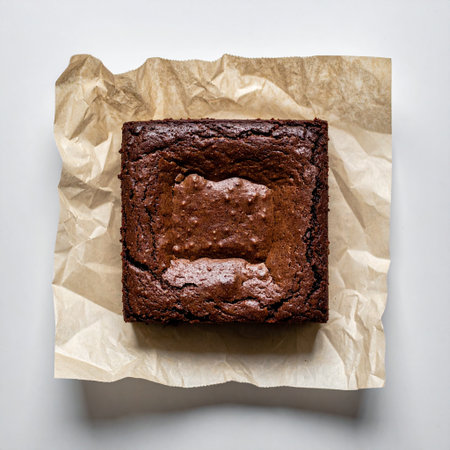 Chocolate brownie cake on paper, top view, square imageの素材