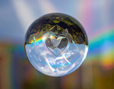 A crystal ball with a heart in the middle against a rainbow backgroundの素材