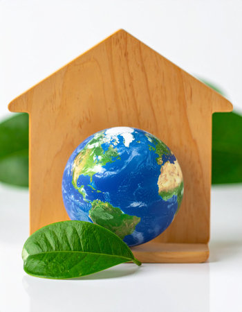 Earth in the form of a house with green leaves on a white backgroundの素材