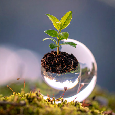 Small green plant in a glass globe on moss background. Earth day conceptの素材