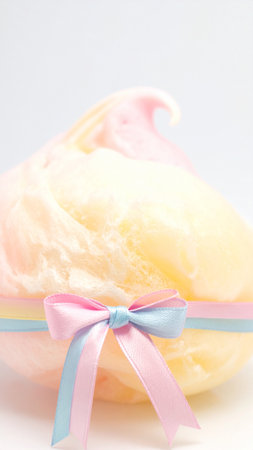 Ice cream with pink and blue ribbons on a white background.の素材