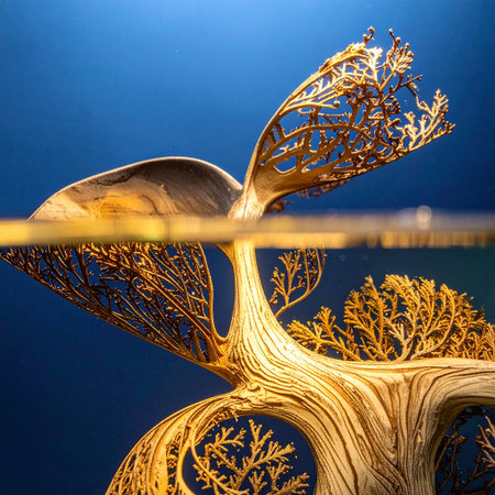 Detail of a sculpture made of wood on a background of blue skyの素材