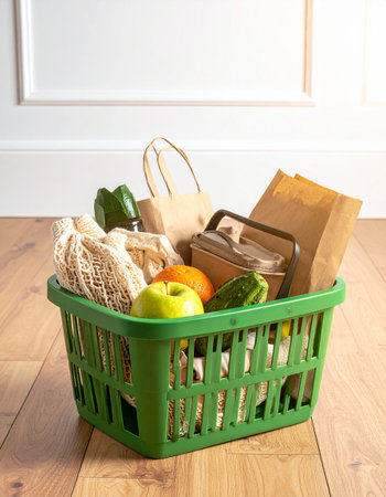 Basket with groceries on the floor in the room. Shopping conceptの素材