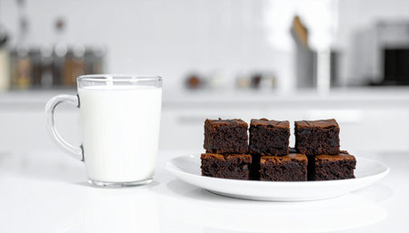 Chocolate brownies with a glass of milk on a white tableの素材