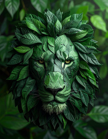 lion face with green leaves. 3d illustration. creative conceptの素材