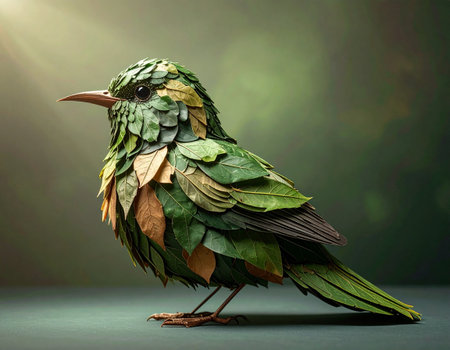 Green bird with green feathers on a green background. 3d renderingの素材