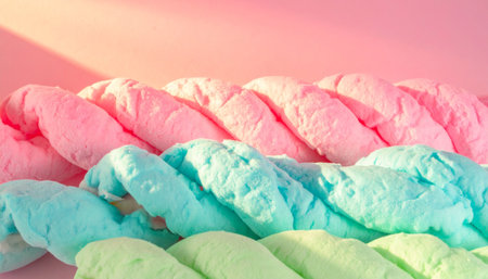 Colorful marshmallows in pastel colors on a pink backgroundの素材