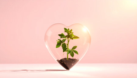Green seedling growing from seed in a heart shaped box on pink backgroundの素材