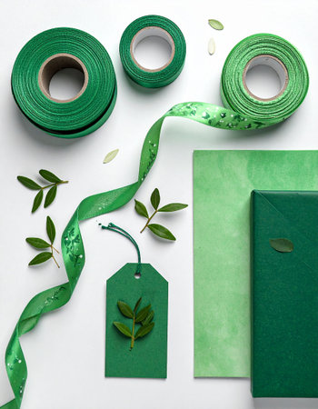 Green stationery and green ribbons on white background, flat layの素材