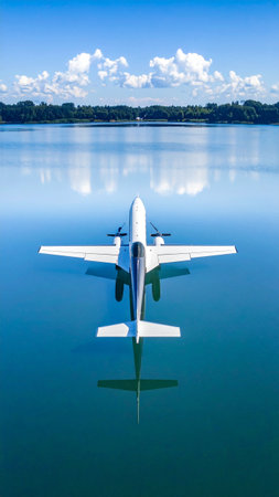 Airplane in the blue sky with reflection on the surface of the lakeの素材