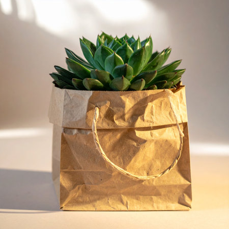 Succulent plant in a paper bag on a light background.の素材