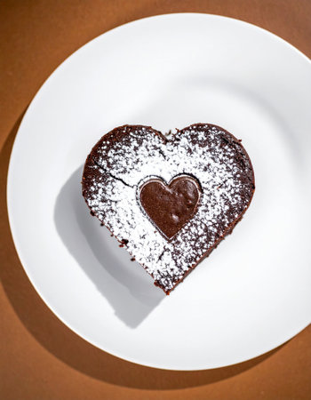 Chocolate cake with heart shape on a white plate on brown backgroundの素材