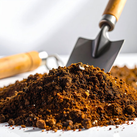 pile of ground coffee and shovel on white background, closeupの素材