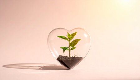 Plant in a heart-shaped transparent glass on a white backgroundの素材