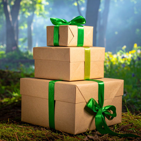 Gift boxes with green ribbons on green grass in the forestの素材