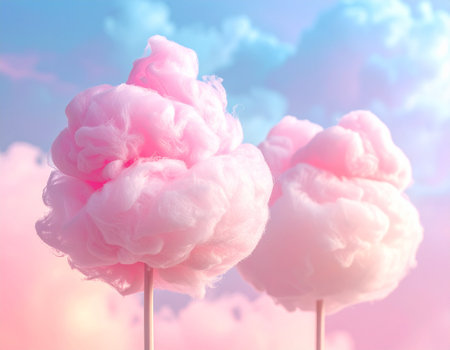 Cotton candy on sky background. Sweet cotton candy on sky backgroundの素材