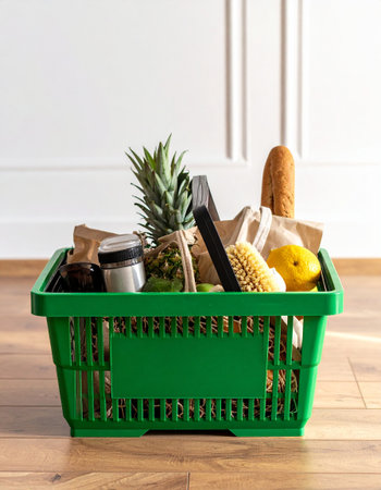 Shopping basket with food on wooden floor in front of white wallの素材
