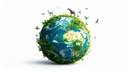 Earth planet with flying birds on white background. Elements of this image furnished by NASAの素材