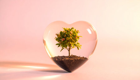 Little tree in a heart shaped glass vase on a pink backgroundの素材