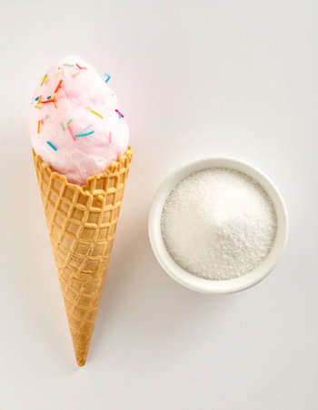 ice cream cone with sprinkles and sugar on white background, top viewの素材