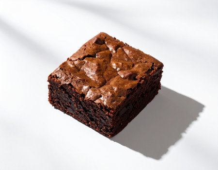 Chocolate brownie cake on white background with shadow. Close up.の素材