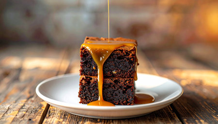 Piece of chocolate cake with caramel sauce on a wooden background.の素材