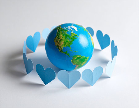 Globe and paper hearts on a white background. World environment day conceptの素材