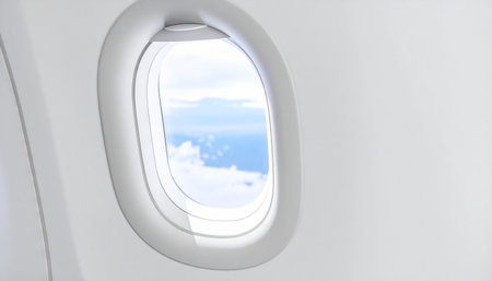 Airplane window view of the blue sky and clouds through the portholeの素材