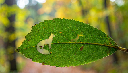 Lizard on a green leaf in autumn forest. Close-upの素材