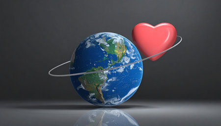 3d illustration of red heart and earth globe over grey background.の素材