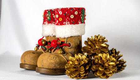 Christmas decoration on a white background, Santa's boots and pine conesの素材