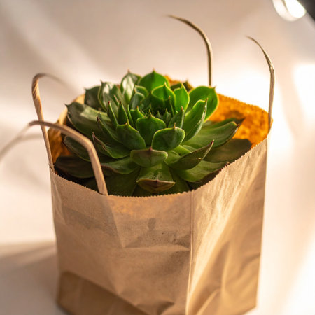 Succulent plant in a paper bag on a white background.の素材
