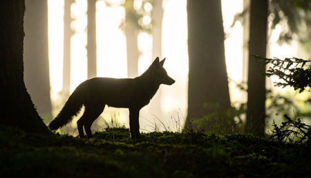 Silhouette of a wolf in the forest at sunset. Shallow depth of field.の素材