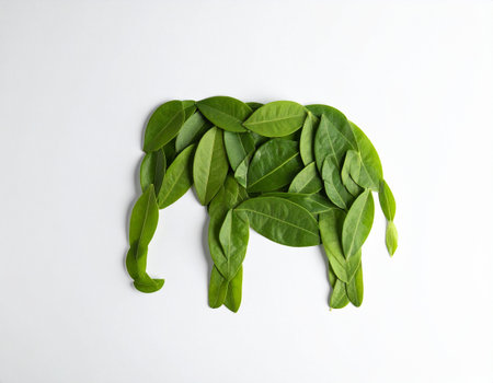 Elephant made of green leaves on white background. Flat lay.の素材