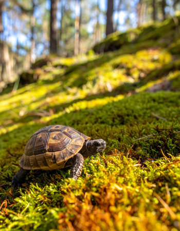 turtle on a mossy ground in a pine forest in autumnの素材
