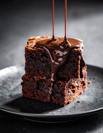 chocolate cake with chocolate syrup on a black background, selective focusの素材